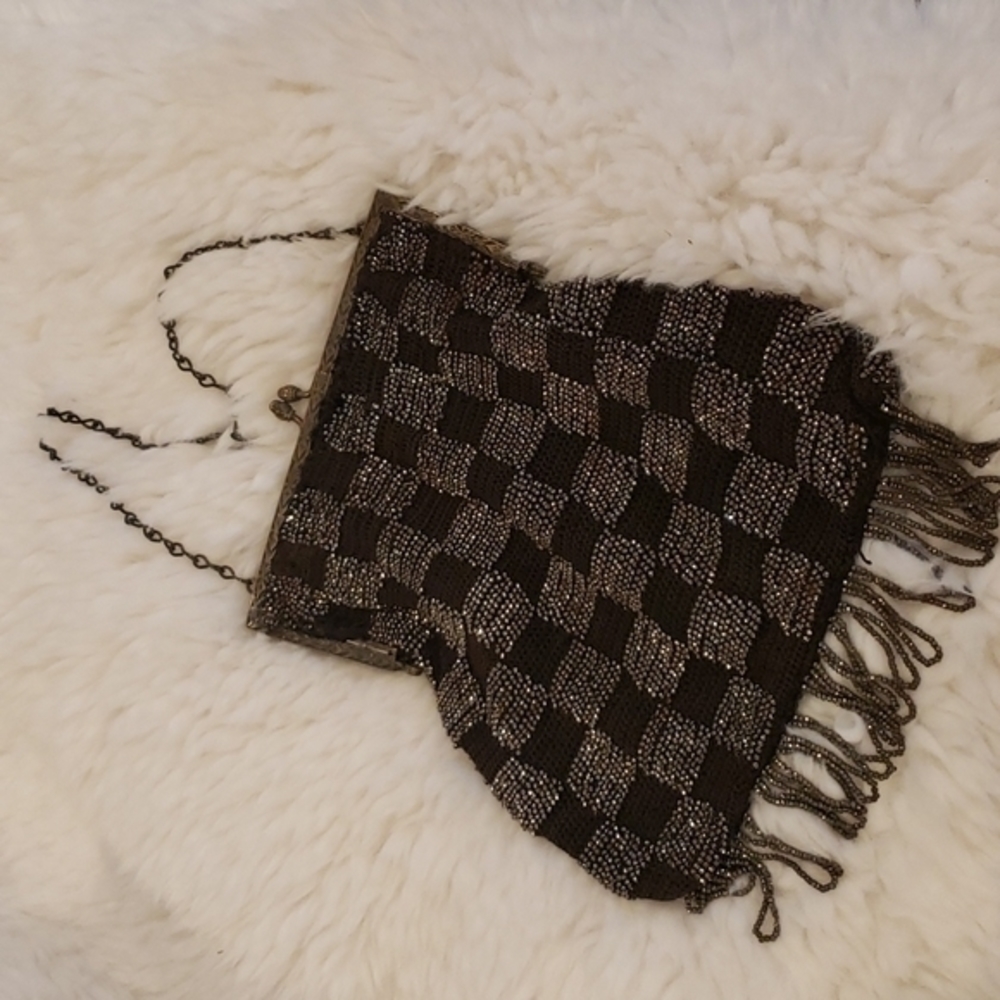 ANTIQUE RARE CHOCOLATE BROWN FRENCH STEEL BEADED BAG 1920s‎